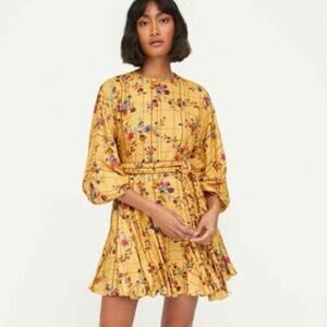 Rhode Ella Floral Trellis Long Sleeve Mini Dress Wheat Yellow Braid Belt NWT SzL